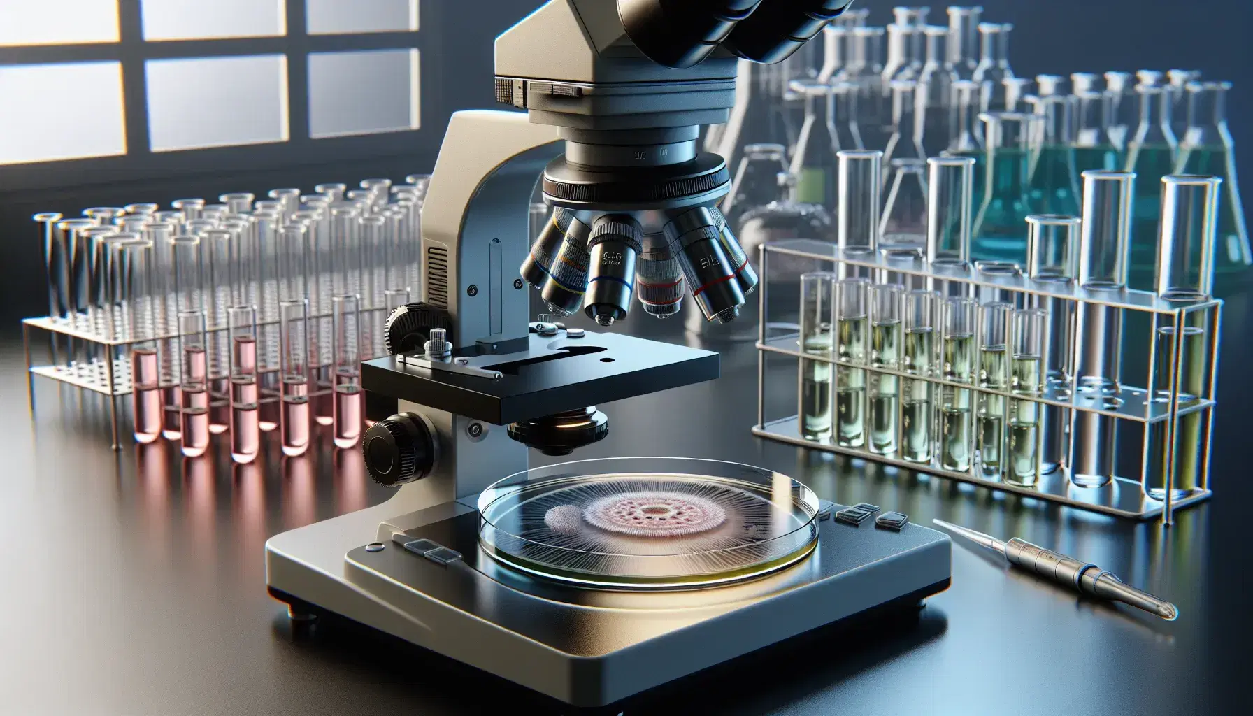 Modern laboratory microscope with prepared slide, adjacent petri dish with bacterial colonies, and background vials and pipettes on a bench.