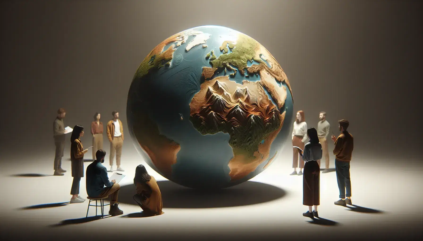 Globo terrestre fisico esplorato da quattro persone di diverse età in abiti casual, con uno che indica e un altro che prende appunti.