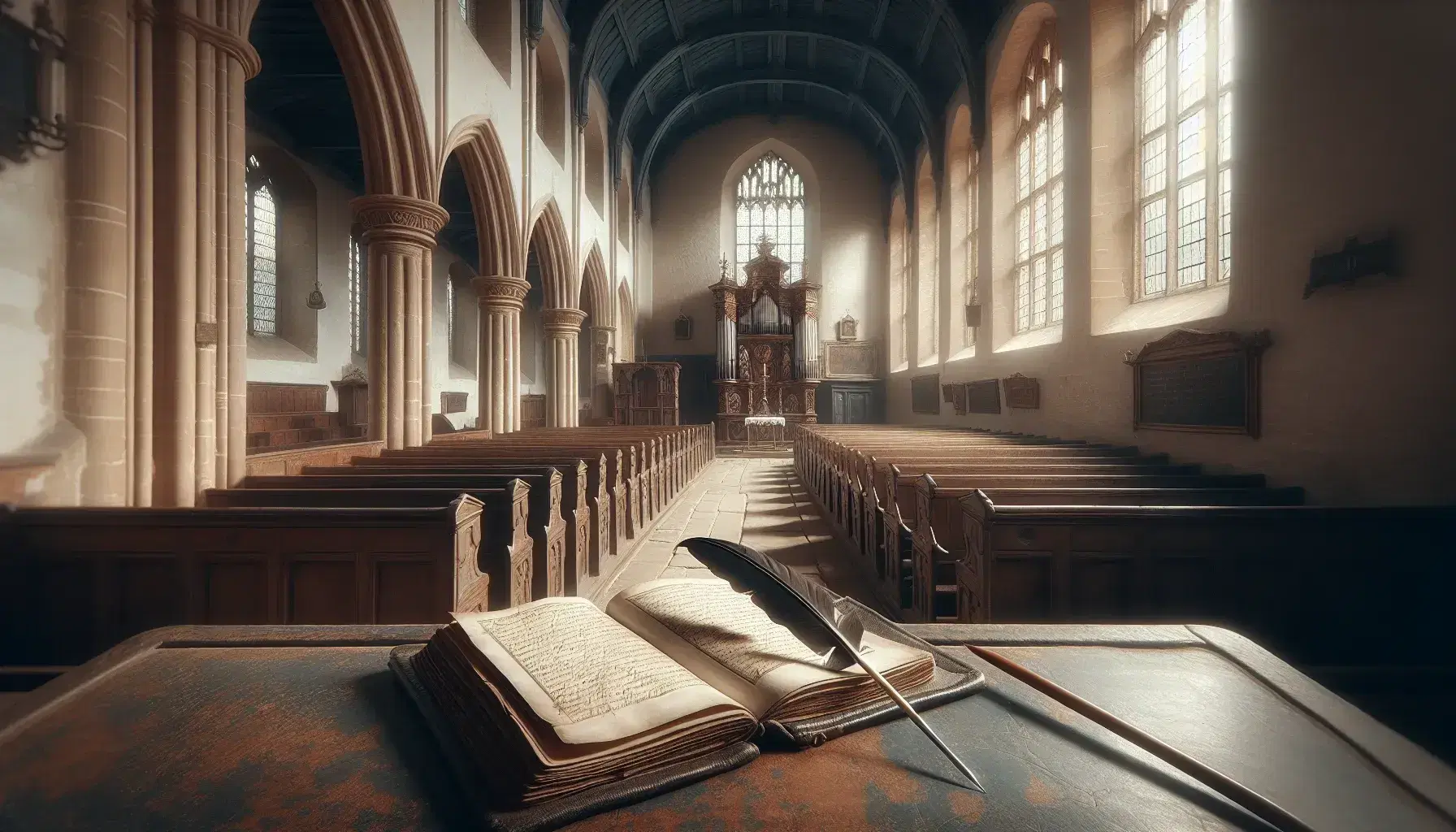 Serene 17th-century English church interior with stone walls, arched windows, wooden pews leading to a simple altar, and a quill with a blank book on a pew.