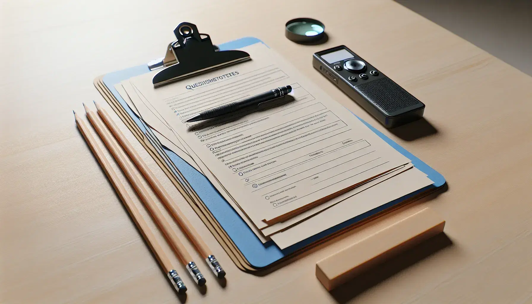 Mesa de madera clara con cuestionarios impresos, grabadora digital negra, lápices, borrador blanco, portapapeles azul y lupa con mango negro.