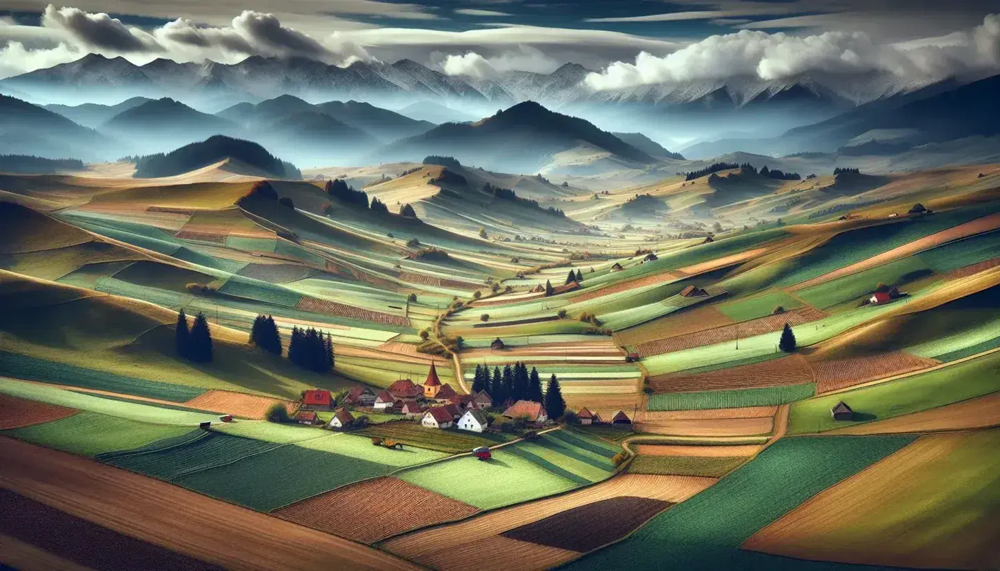 Paesaggio rurale rumeno con campi coltivati, case tradizionali dai tetti rossi e montagne innevate sullo sfondo sotto un cielo nuvoloso.