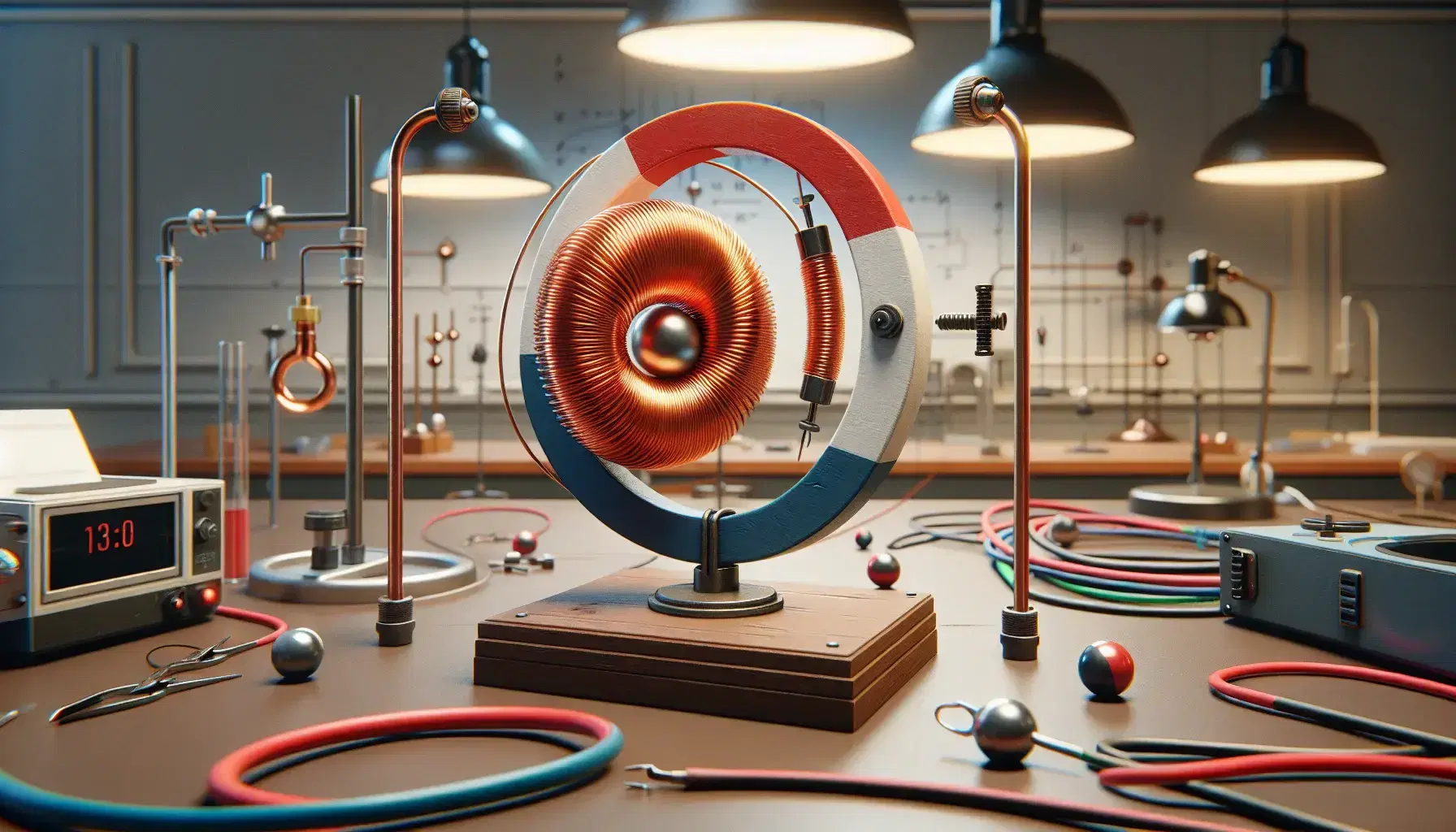 Laboratorio de física con bobina de cobre, imán de herradura y brújula sobre mesa de madera, cables y esfera metálica en fondo.