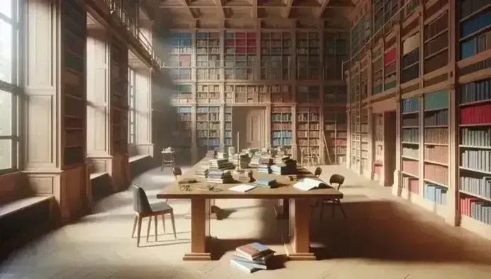 Biblioteca espaciosa con estanterías de madera llenas de libros, mesa central con libros abiertos, lupa y regla, y silla con cojín rojo bajo luz natural.