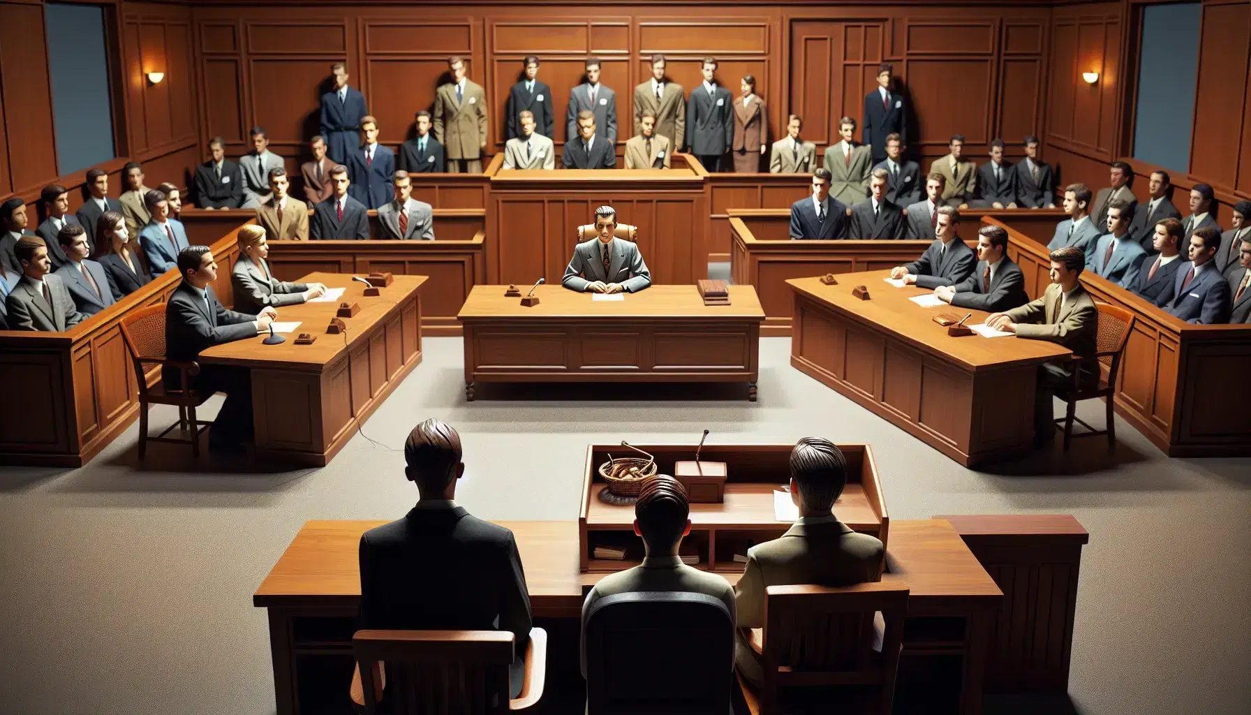 Simulated court with students in the roles of lawyers and witnesses around a table, a student speaks at the podium and jurors listen attentively.