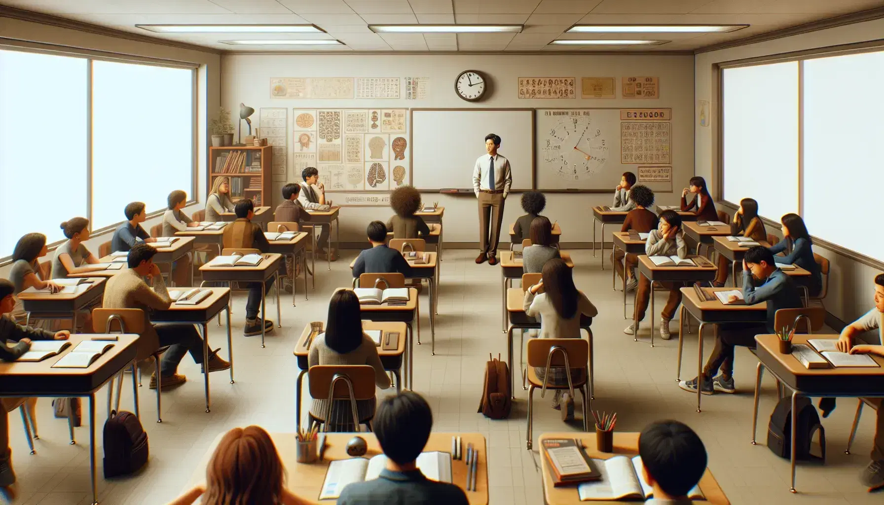School classroom with multi-ethnic students sitting in a semicircle, engaged in educational activities, with a teacher explaining on the blackboard.