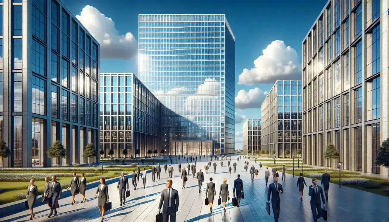 Grattacielo centrale con facciata in vetro e edifici minori accanto, persone in abiti formali camminano su strada acciottolata, giardino curato visibile.
