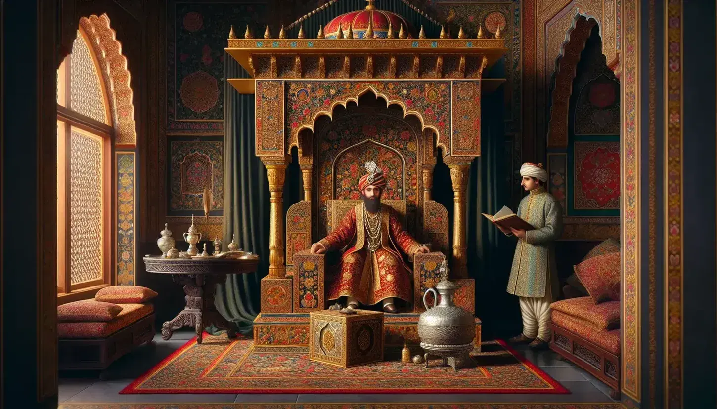 Mughal Emperor in embroidered robe sits on ornate throne, court physician with book and vial stands by, silverware and grapes on table, garden view.
