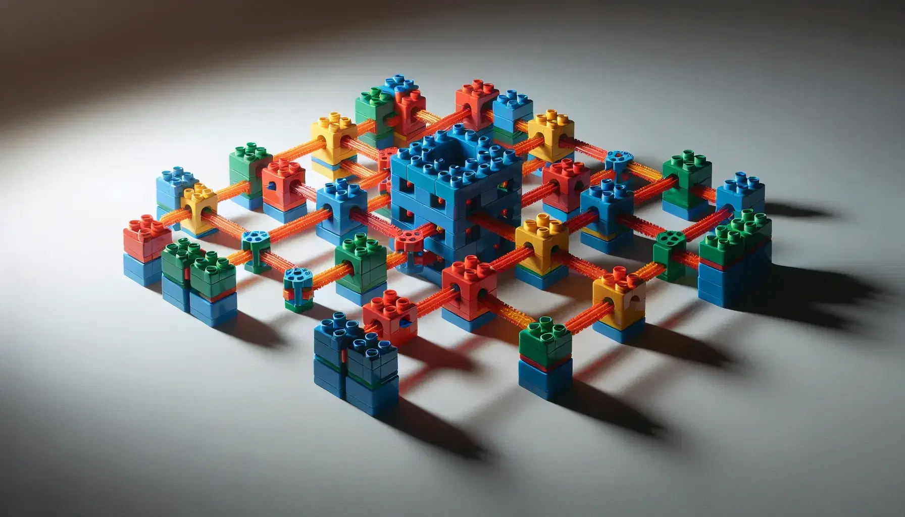 Bloques de construcción de plástico en colores variados formando una estructura central con base azul y anillo rojo a la izquierda, en superficie lisa.