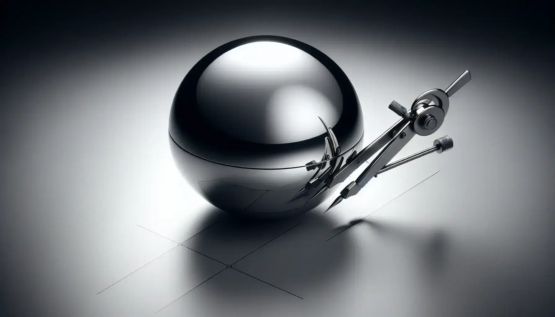 Sfera riflettente argentea su superficie piana grigia con compasso aperto sullo sfondo, simbolo di precisione e design geometrico.