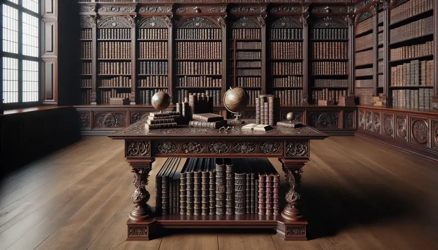 Elegant 18th-century library with ornate wooden table, leather-bound books, grand bookshelf with globes, and a high-backed chair by a window with red drapes.