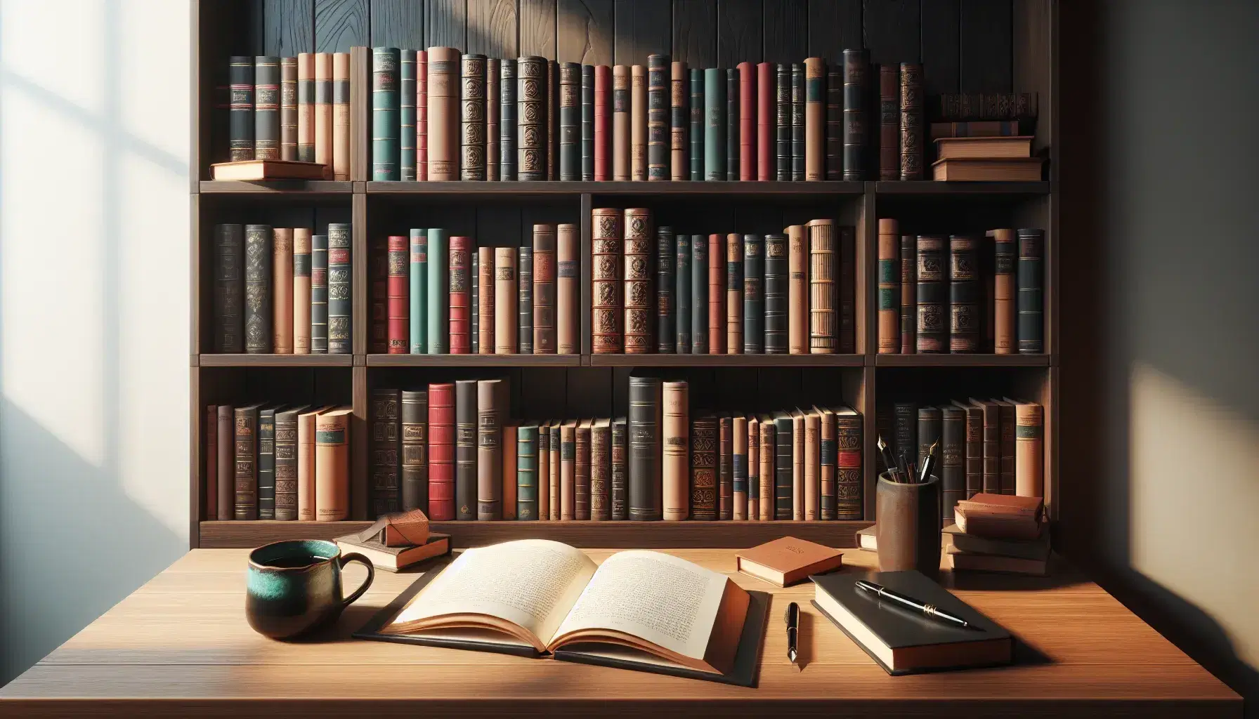 Estantería de madera oscura repleta de libros variados junto a mesa con libro abierto, taza de café y pluma estilográfica bajo luz natural.