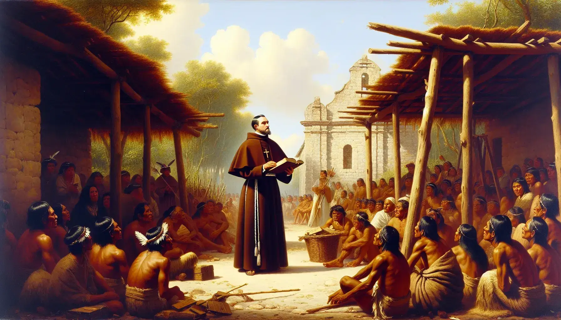 Fraile en sotana marrón leyendo a indígenas sentados bajo techo de paja, con iglesia en construcción y árboles al fondo en día soleado.