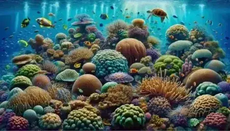 Vibrant underwater scene of a coral reef with colorful corals, anemones, sponges and various fish, including a sea turtle and clownfish.