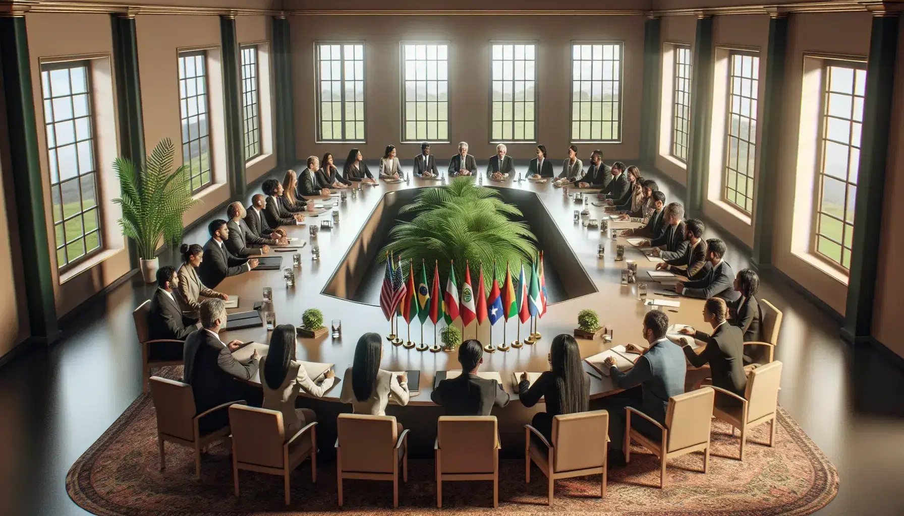 Diverse professionals in a formal meeting around an oval table with colorful flags, engaging in active discussion in a bright, high-ceilinged room.