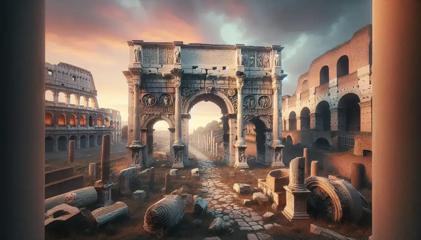 Arco di Settimio Severo al tramonto con dettagli scultorei visibili, Colosseo in lontananza e colonne corinzie tra erbe selvatiche nel Foro Romano.