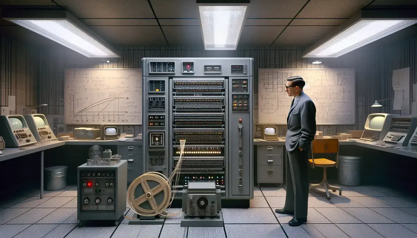Sala de computadoras de los años 50 con hombre en traje observando una computadora de paneles metálicos, cinta perforada y pizarrón con ecuaciones al fondo.