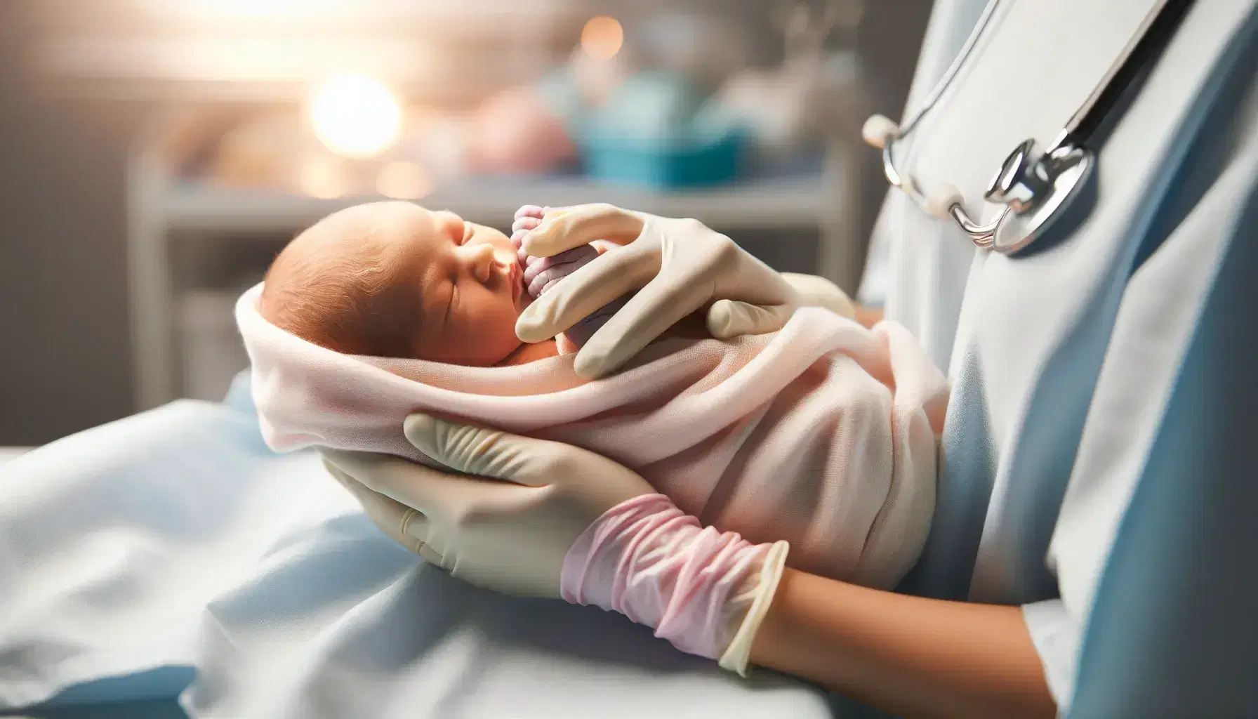 Manos de profesional de la salud en guantes de látex sosteniendo con cuidado a un recién nacido envuelto en manta pastel, en un ambiente sereno.