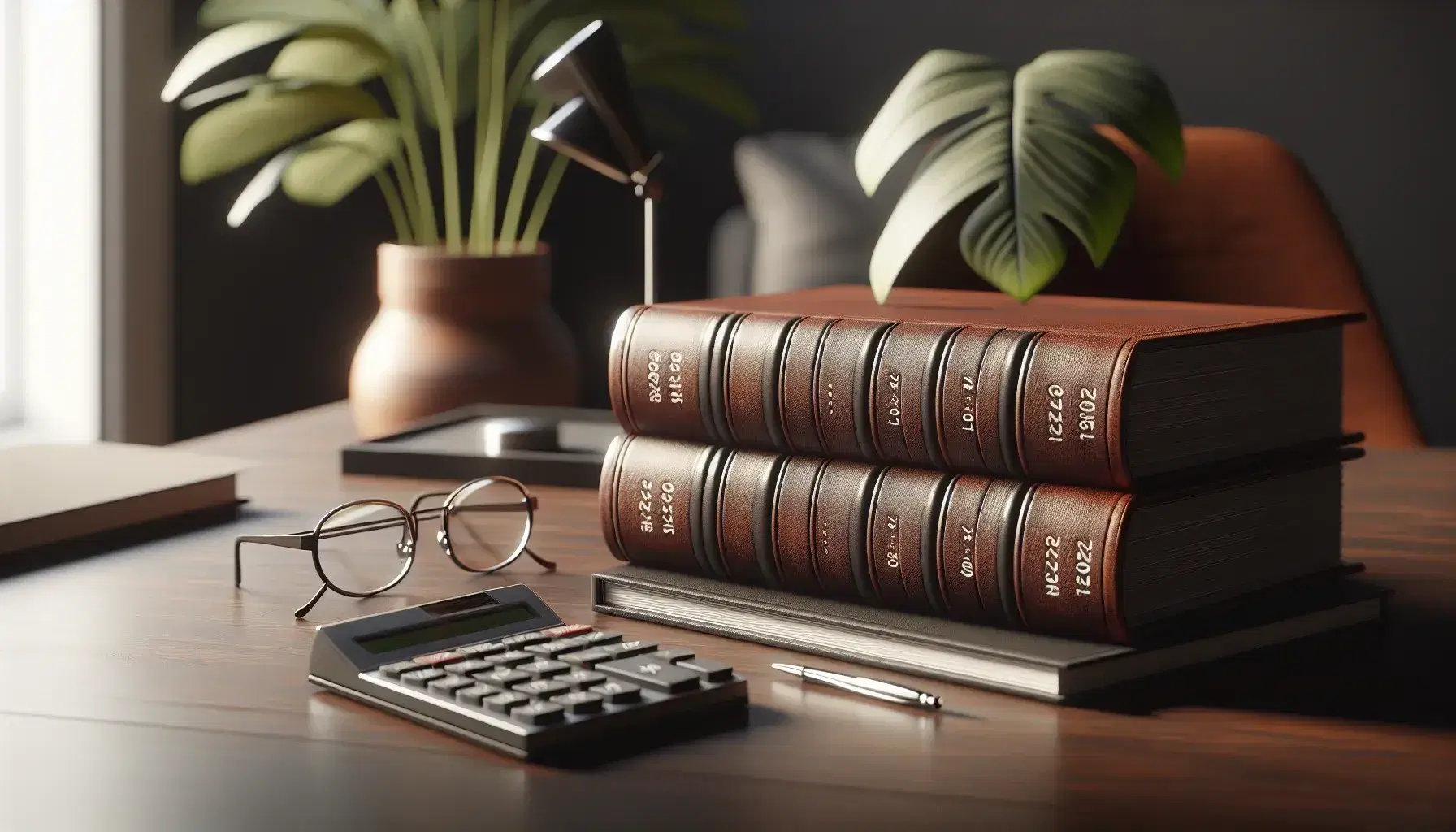 Escritorio de madera oscura con libros de contabilidad de cuero apilados, calculadora negra y gafas con marco metálico, planta de interior desenfocada al fondo.