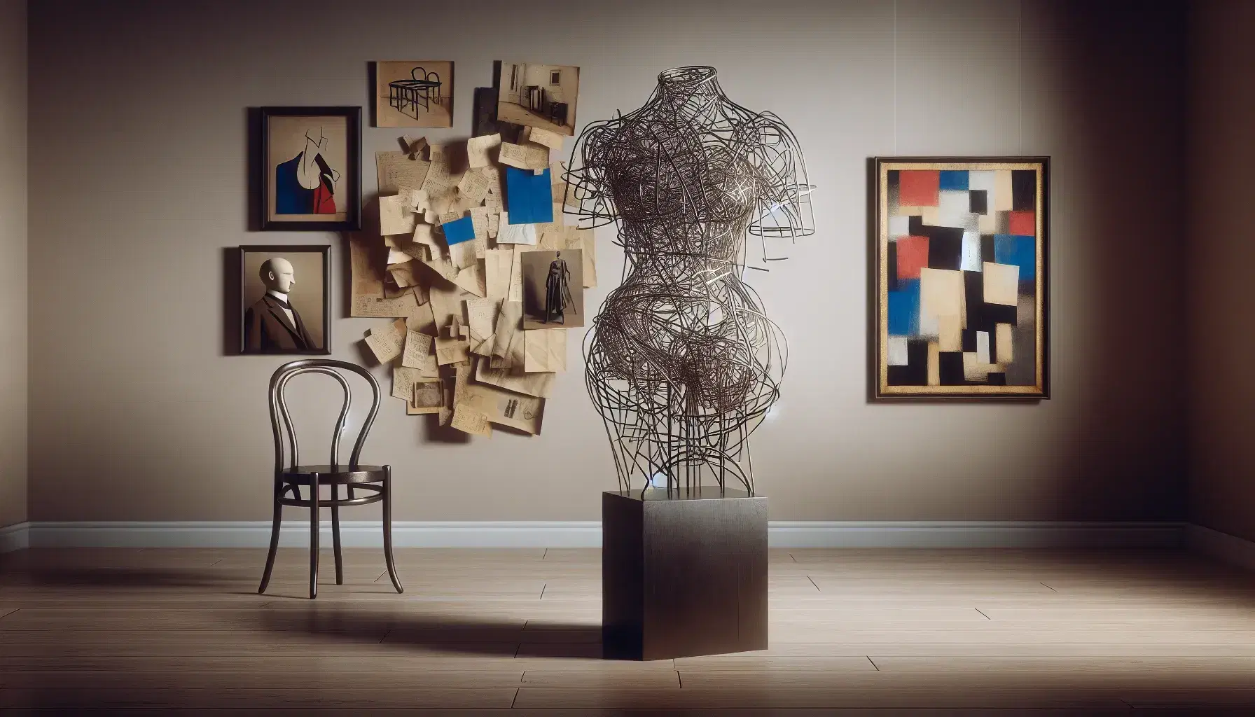 Composizione artistica Dada con scultura di fili su piedistallo in legno, collage, dipinto astratto e fotografia in bianco e nero, manichino senza testa in abito a righe.