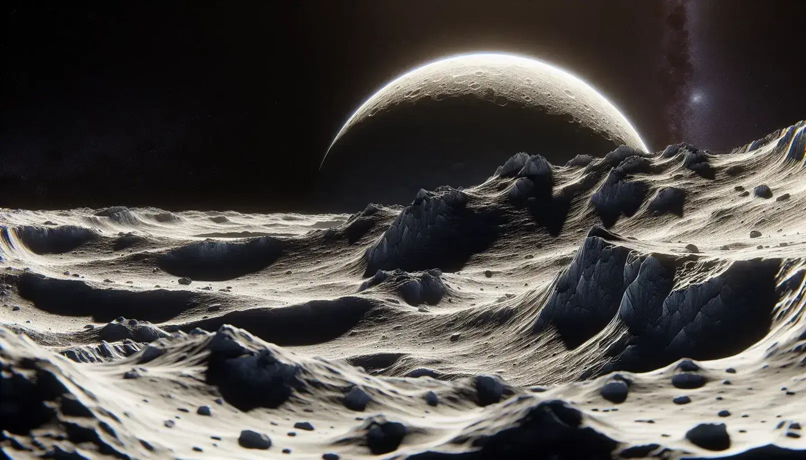 Surface of a rocky celestial body with uneven terrain and gray dust, starry horizon and large partially illuminated planet in the background.
