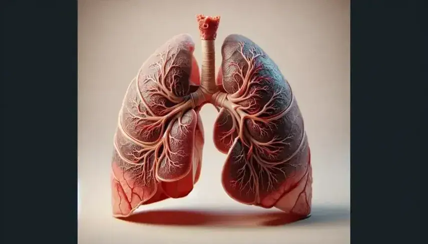 Modello anatomico dettagliato di polmone umano con trachea e bronchi evidenziati, sfumature di rosso e aree bluastre che indicano edema polmonare.