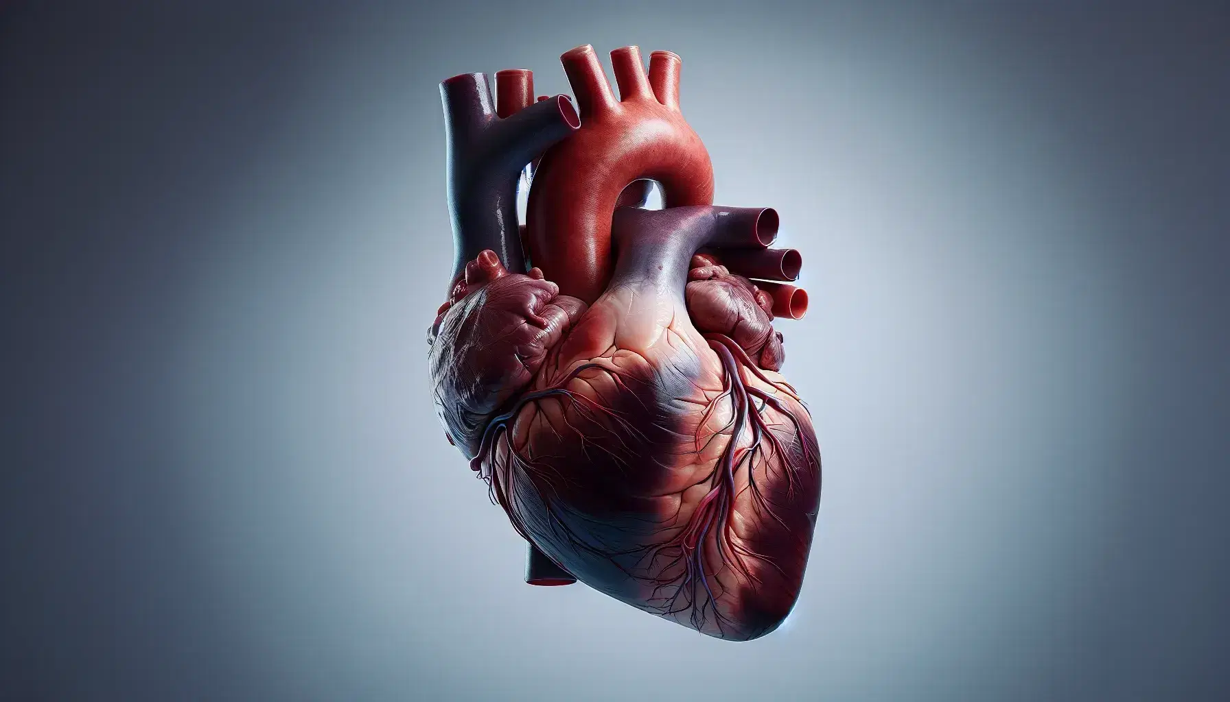 Corazón humano realista mostrando su cara anterior con ventrículos y aurículas visibles, y grandes vasos como la aorta y la arteria pulmonar en tonos rojo oscuro.