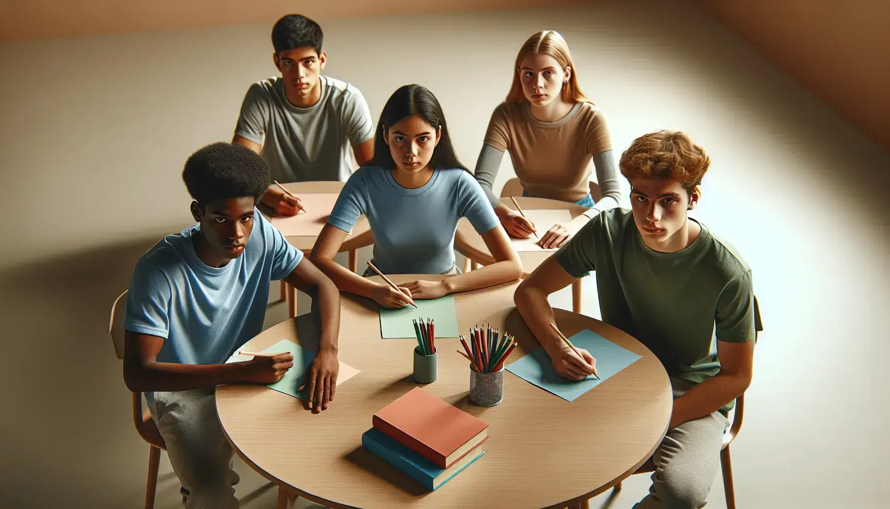 Cinco estudiantes concentrados alrededor de una mesa redonda de madera, escribiendo en hojas con lápices de colores, en un aula iluminada naturalmente.