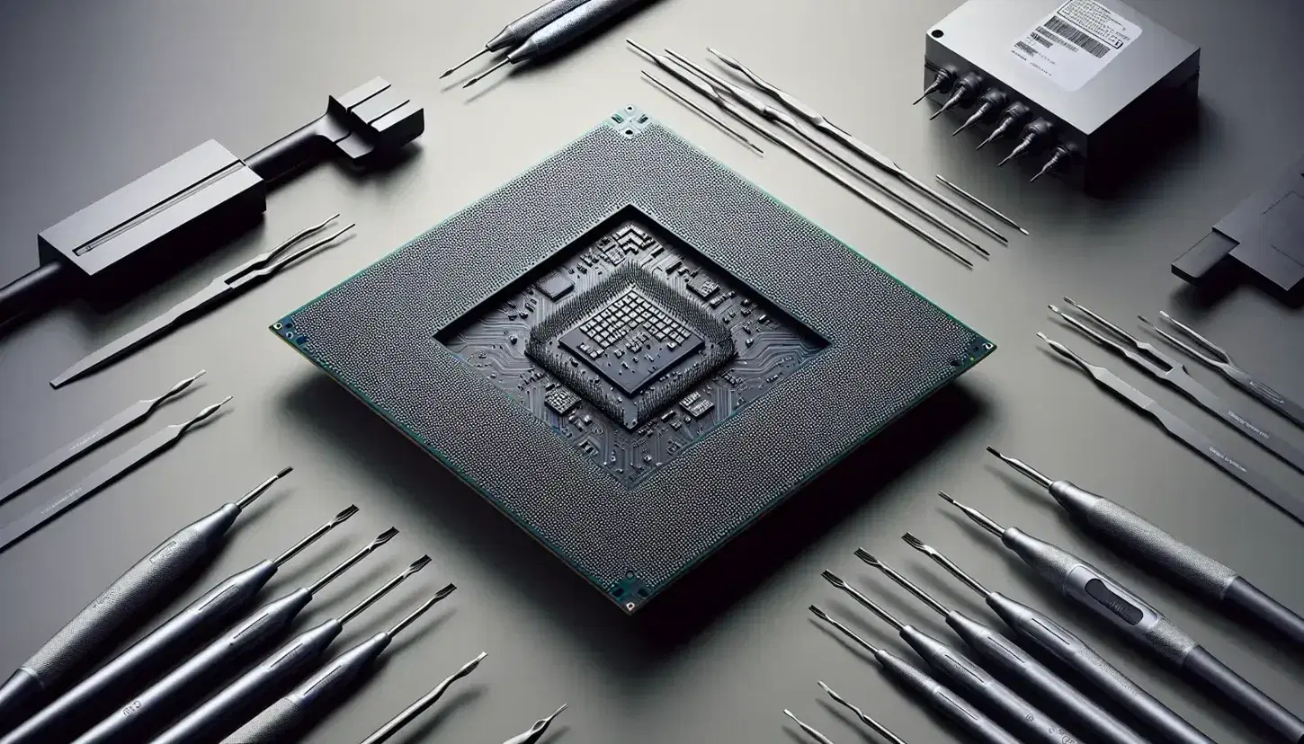 Closeup of a modern CPU with metal paths and transistors on silicon wafer, installation tools and blurry motherboard in the background.