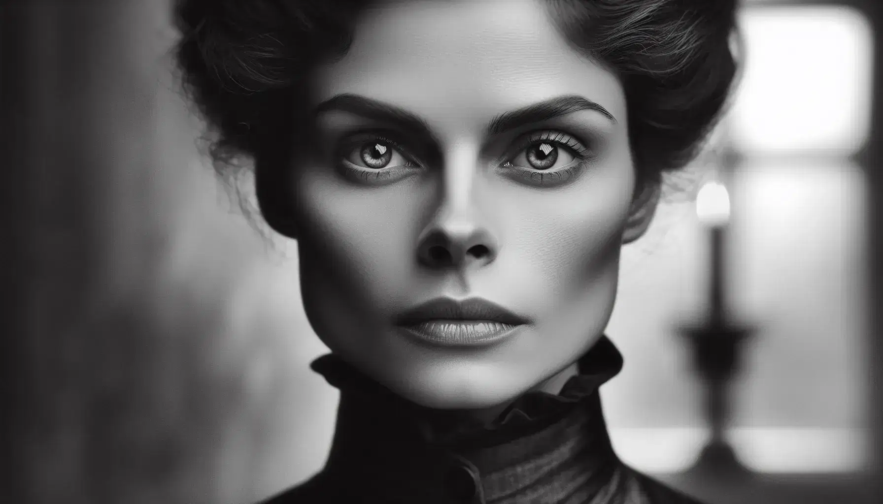 Ritratto in bianco e nero di donna con sguardo intenso, acconciatura a chignon e abito colletto alto, illuminazione laterale che evidenzia i tratti del viso.