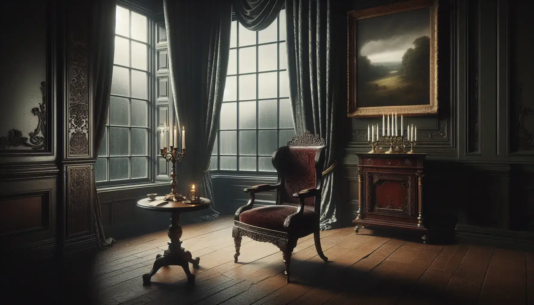 Victorian-era drawing room with ornate wooden chair, unlit brass candelabra on mahogany table, heavy drapes framing a window, and a gilded pastoral painting.