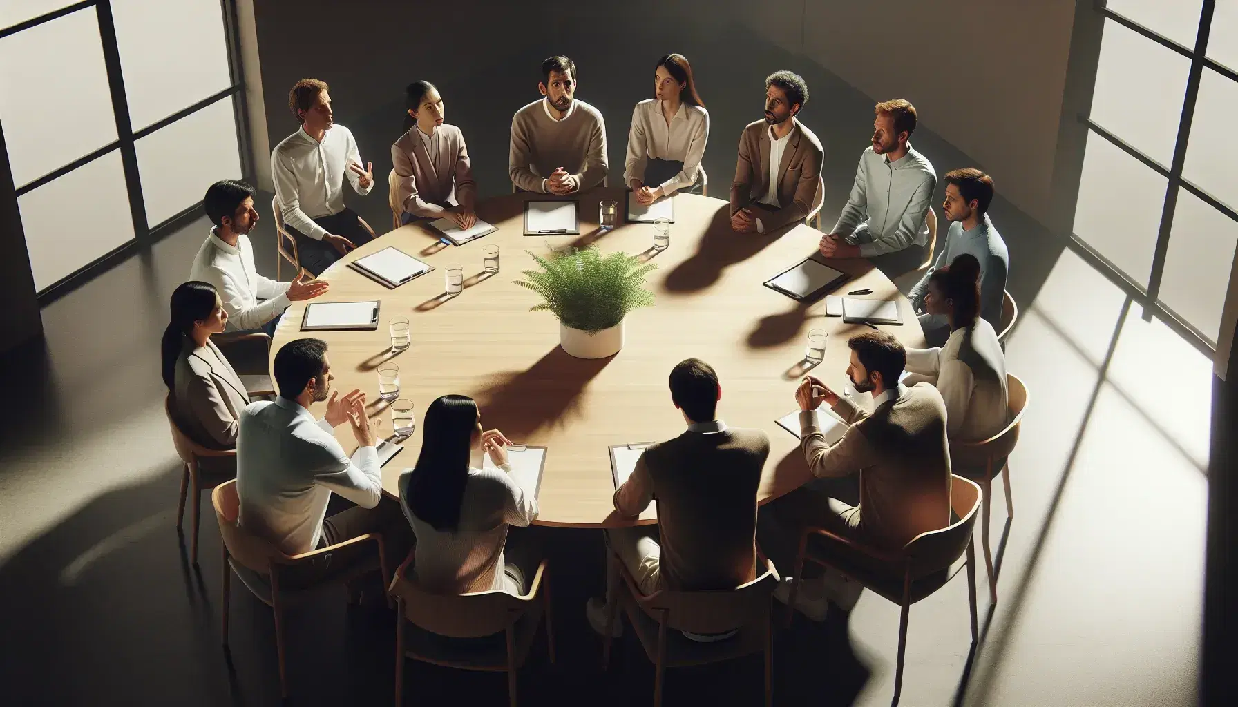 Multi-ethnic professionals in business casual attire engage in a focused discussion around a round table with notepads, pens, and water glasses.