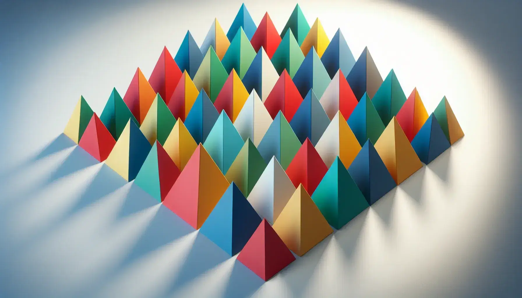 Vibrant equilateral triangles in blue, green, red, and yellow hues arranged randomly on a white background with subtle shadows, showcasing geometric shapes.