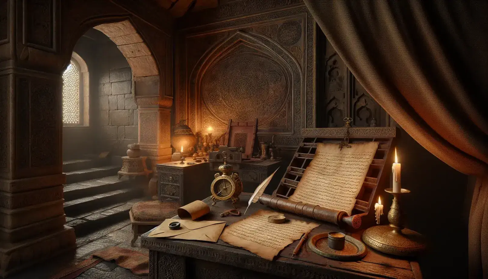 Dimly lit Mughal-era study with ornate desk, parchment, quill, astrolabe, and wax-sealed envelope; figure gazes out window at crescent moon.