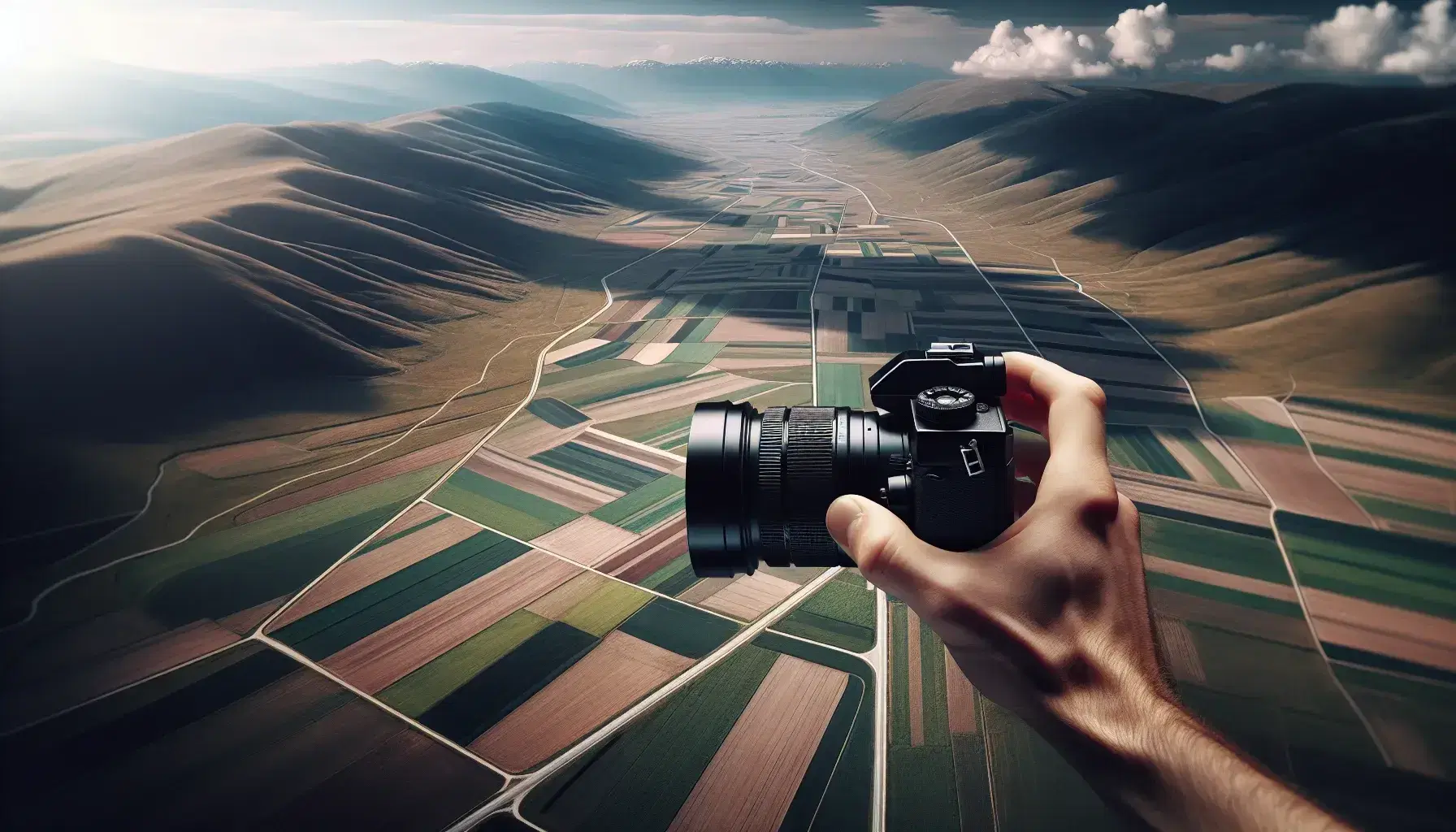 Mano che tiene una fotocamera reflex digitale nera puntata su un paesaggio agricolo con campi verdi e marroni e montagne innevate sullo sfondo.