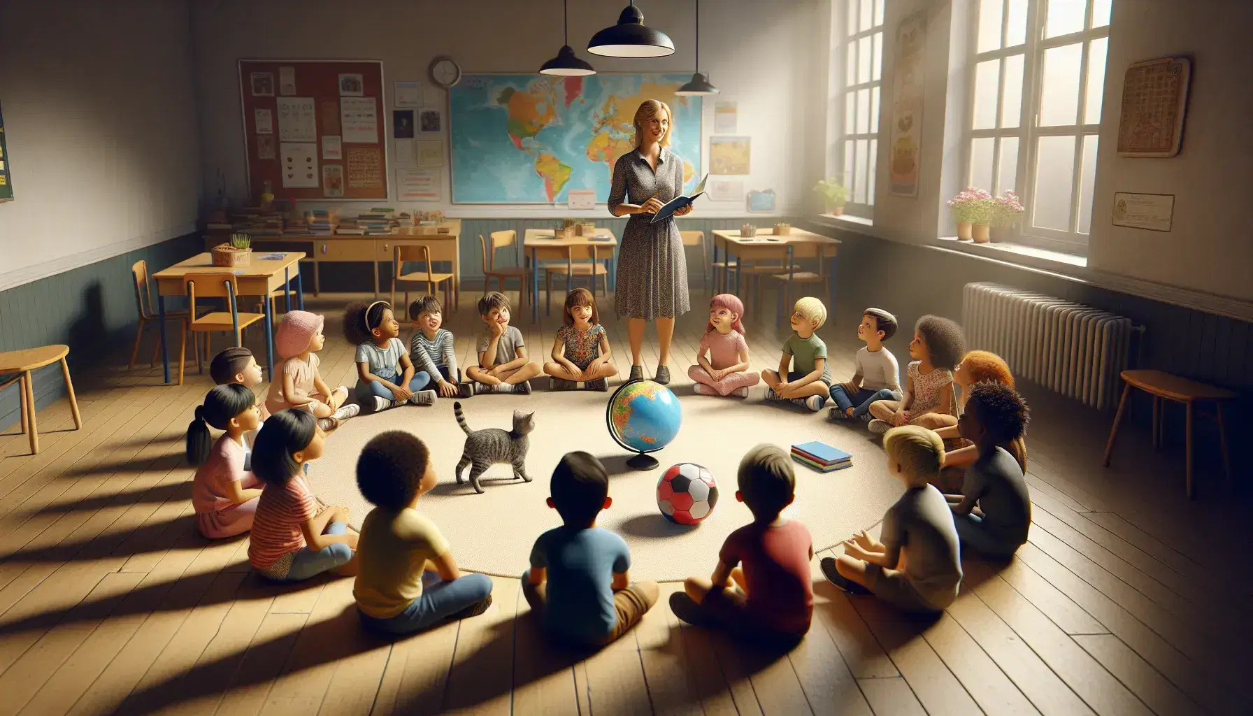 Bambini di diverse etnie seduti in cerchio con insegnante che mostra globo in aula luminosa, oggetti didattici e gatto curioso al suolo.