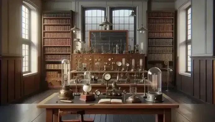 Laboratorio fisico anni '20/'30 con tavolo centrale, strumenti scientifici d'epoca, finestra illuminante, lavagna vuota e scaffali con libri rilegati.