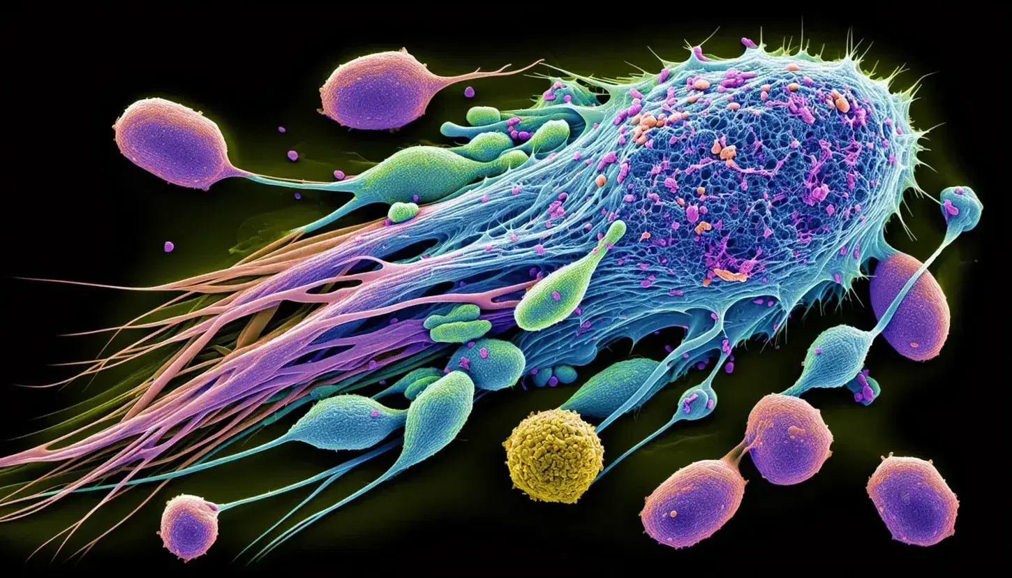 Micrografía electrónica colorida de células con una central alargada en tonos púrpura y células menores en azul y verde, destacando su interconexión y morfología.