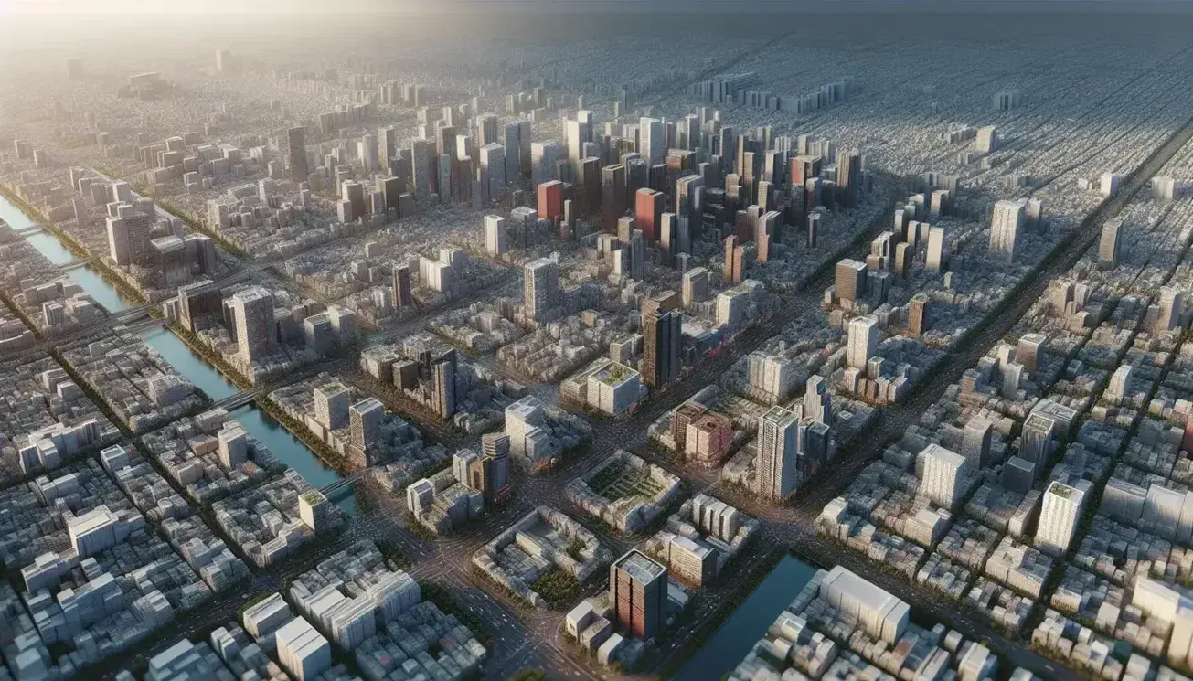 Vista aérea de una ciudad con edificios de distintas alturas, calles entrelazadas, áreas verdes y un río reflejando el cielo azul.