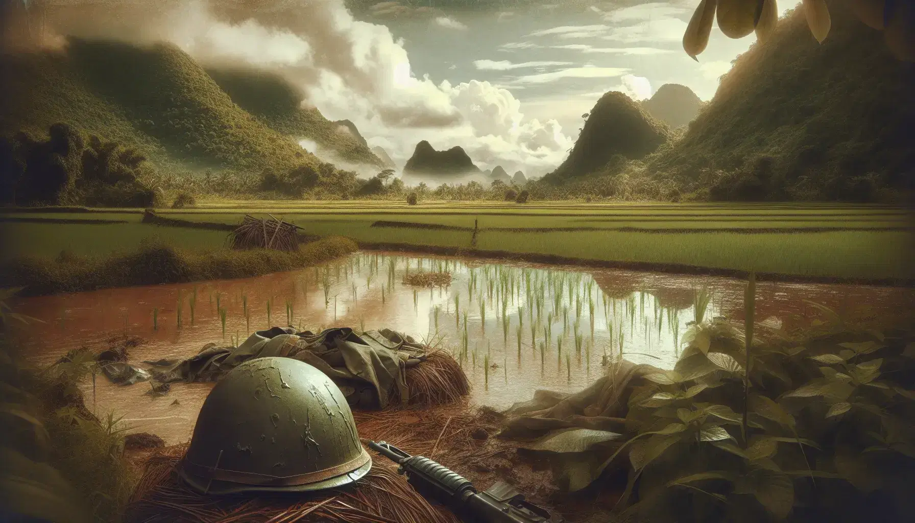 Paesaggio naturale vietnamita con elmetto militare parzialmente nascosto tra le foglie, campo di riso e colline tropicali sullo sfondo.