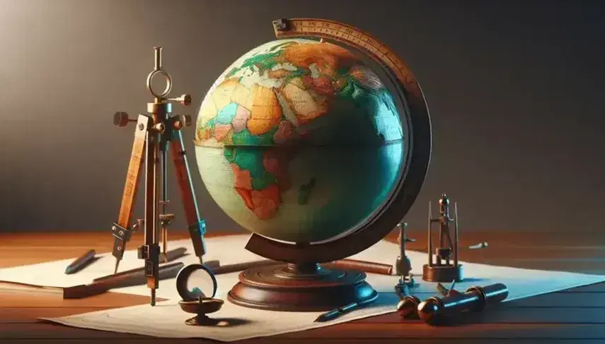 Globo terráqueo tridimensional con colores que indican continentes y océanos, acompañado de un compás metálico y una lupa sobre mesa de madera.