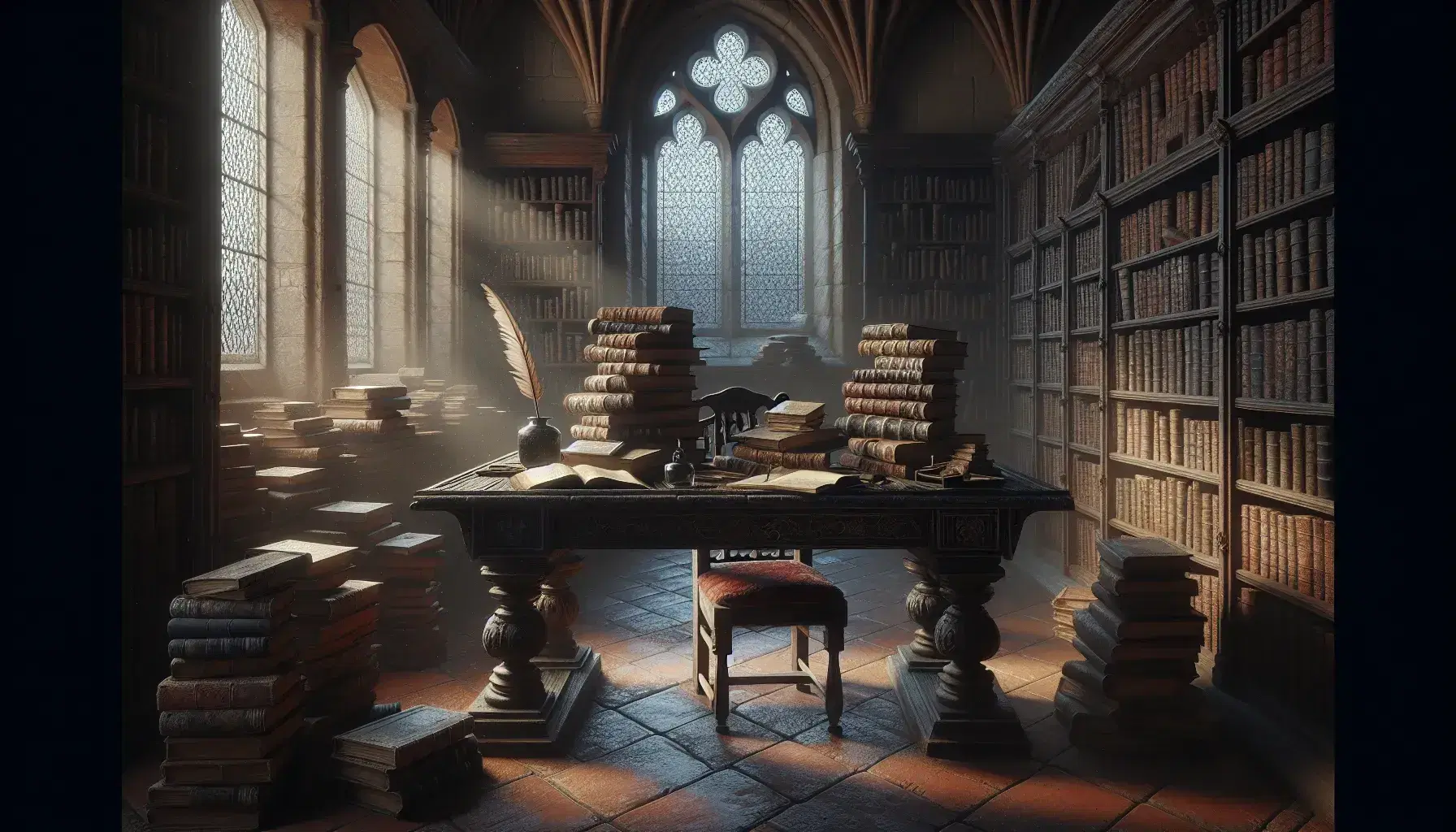 Biblioteca antigua con mesa de madera oscura y libros desgastados, tintero con pluma, silla con cojín rojo y estantes llenos de libros encuadernados en cuero bajo una ventana de arco de piedra.