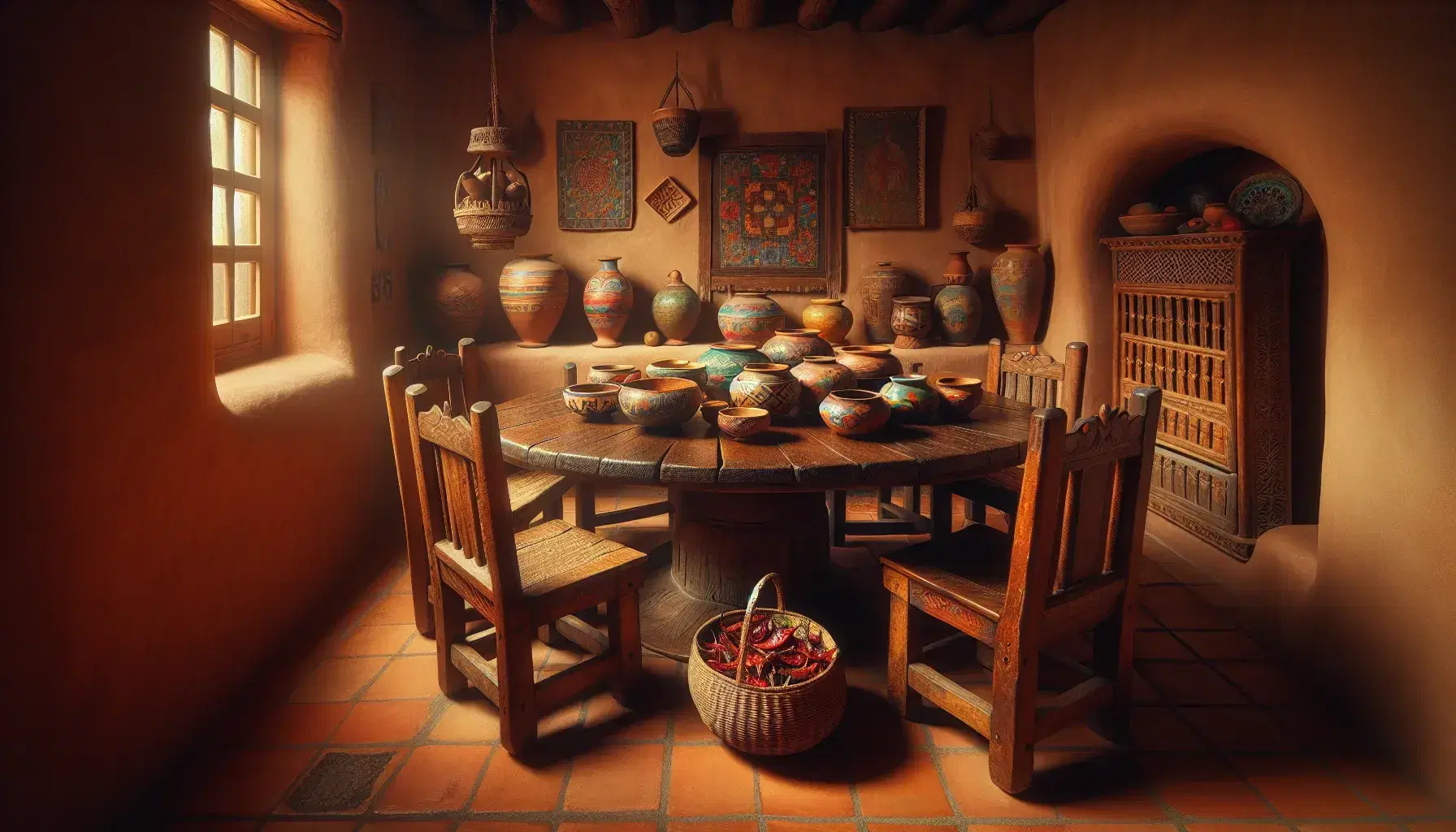 Traditional Southwestern adobe room with terracotta walls, round wooden table, hand-carved chairs, colorful ceramic pottery, and a wooden loom.