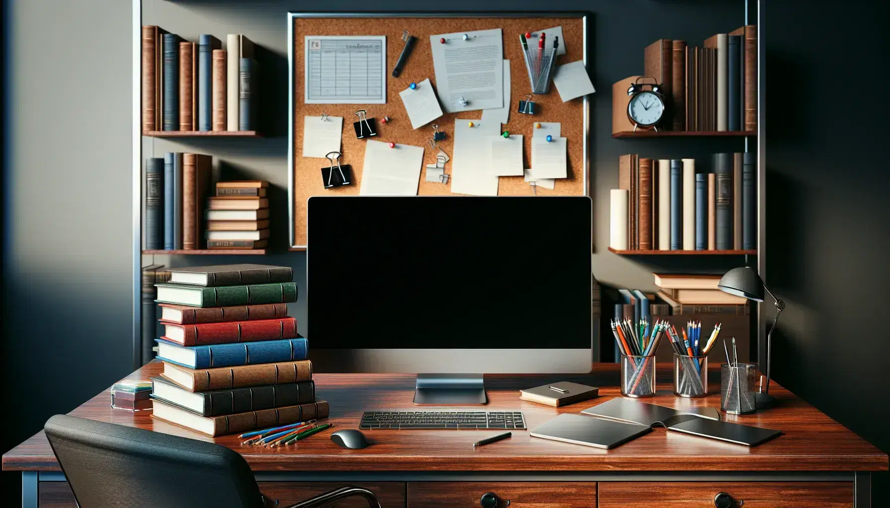Tidy office with wooden desk, computer, silver laptop, colorful notebooks, glass with pens and plants, without visible brands.