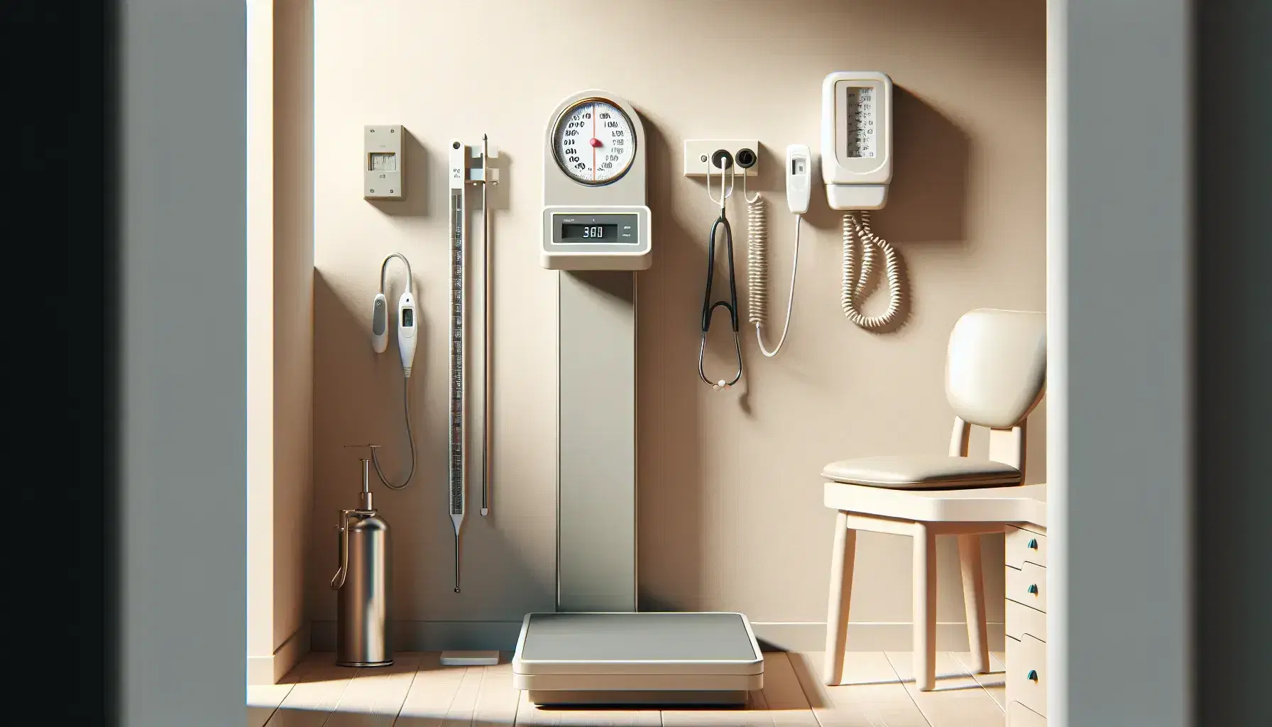 Consultorio médico equipado con báscula digital, estadiómetro de pared, termómetro infrarrojo y esfigmomanómetro aneroide sobre mesa, en ambiente sereno.