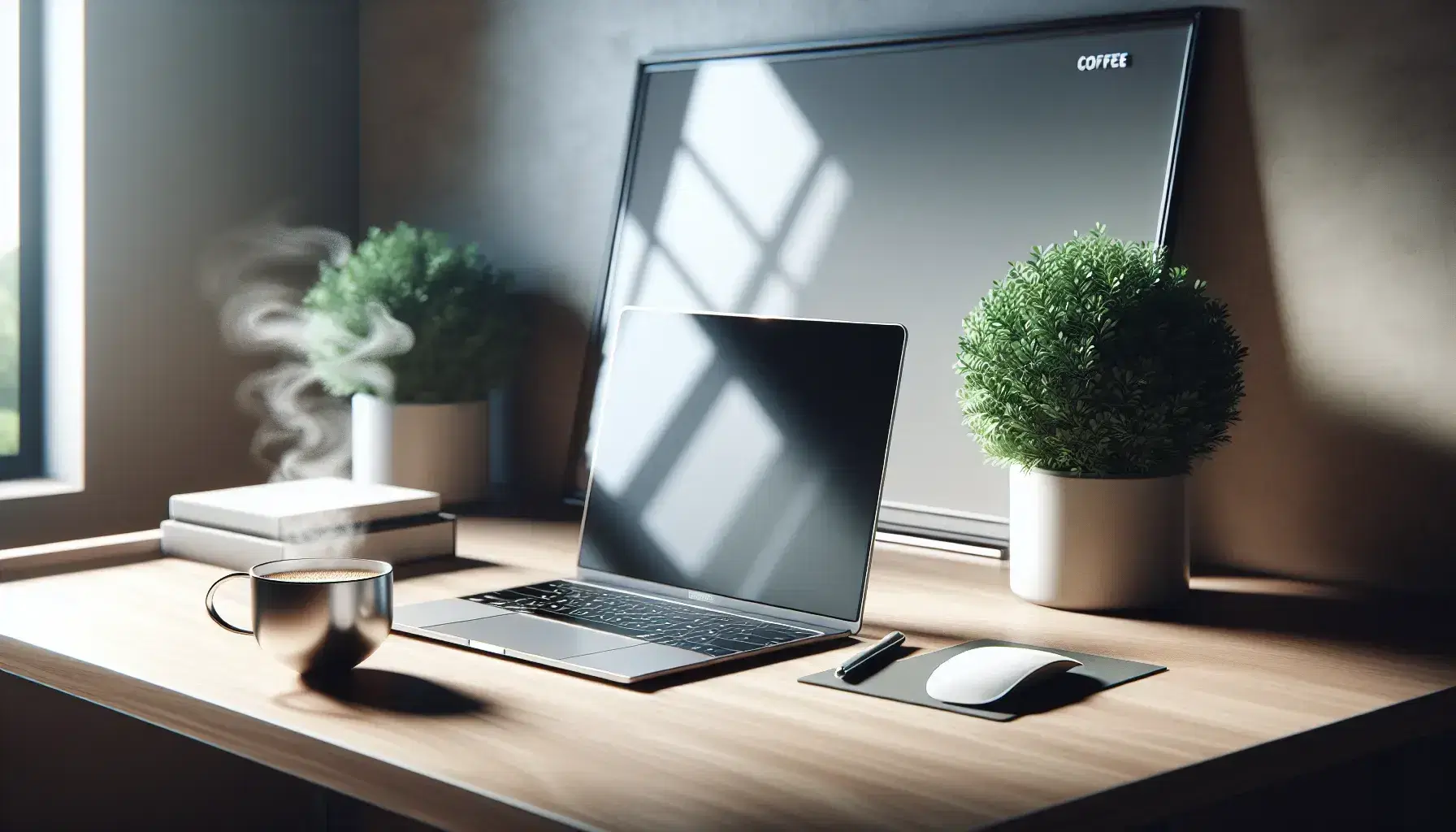 Tidy desk with turned off modern laptop, cup of steaming coffee and green plant, in office environment with soft lighting.