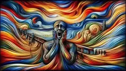 Figura umana centrale con espressione angosciata, mani sul viso, in un paesaggio turbolento dai colori vivaci, senza testi o loghi.