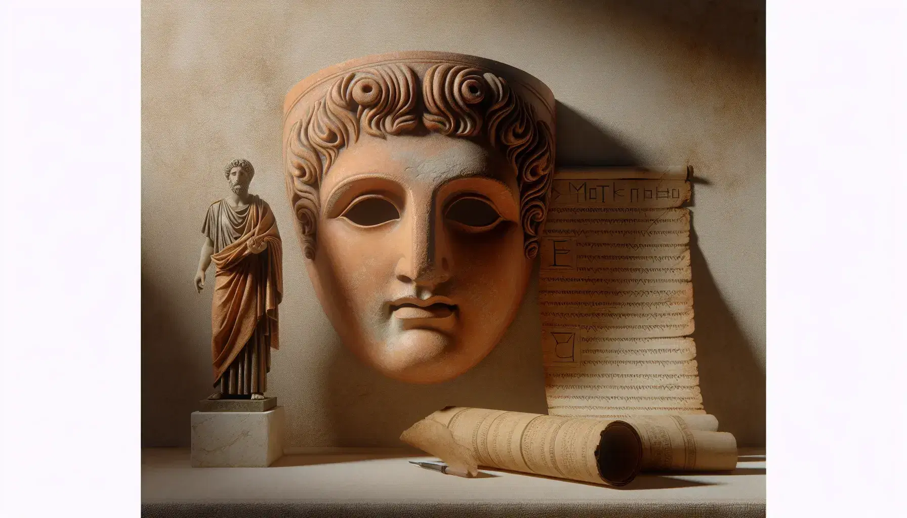 Maschera teatrale greca antica con espressione neutra, papiro parzialmente srotolato e statuetta in bronzo di uomo in toga su sfondo chiaro.