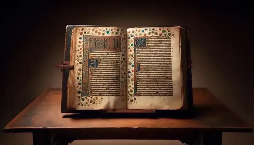 Manoscritto medievale inglese illuminato su leggio in legno, con iniziale decorata e miniature colorate su pagine avorio invecchiate.