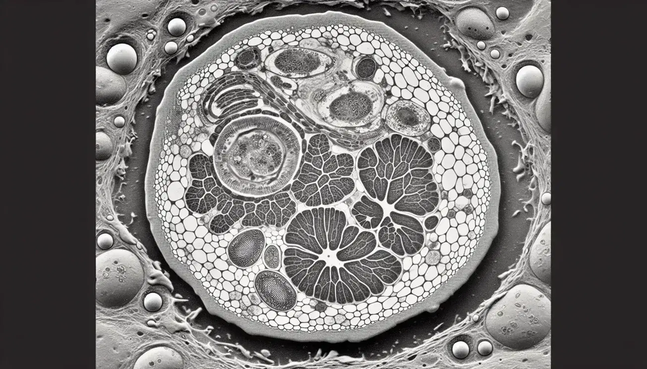 Sezione trasversale di una cellula vegetale al microscopio elettronico, con vacuolo centrale, mitocondri, cloroplasti, nucleo e parete cellulare.