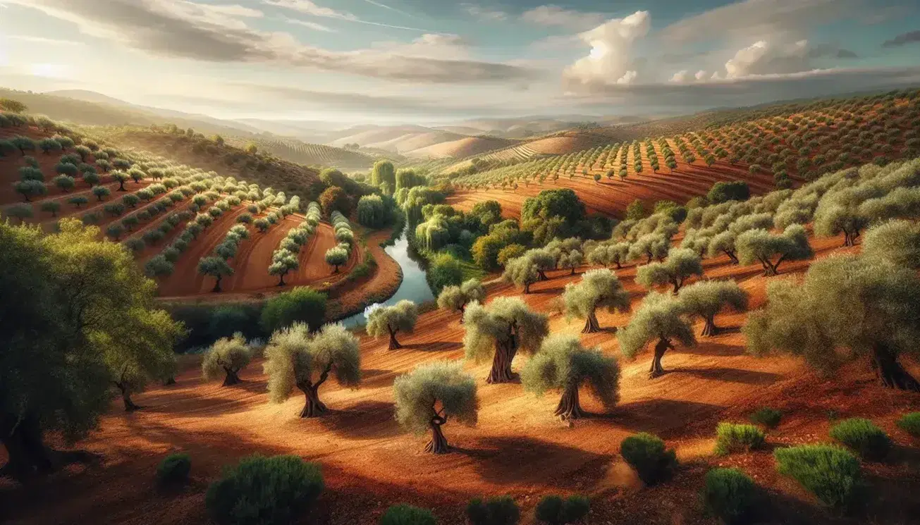 Panorama della campagna portoghese con filari di ulivi, alberi di sughero e un ruscello serpeggiante tra colline morbide sotto un cielo azzurro.